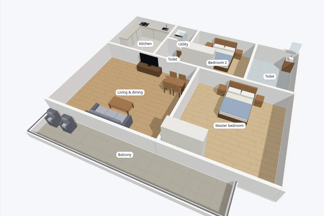 An indicative 3D dollhouse view of a 2 BHK apartment rendered by VenturePro Floor Plan Studio: furnished master bedroom, second bedroom, living and dining, kitchen, utility, two toilets and a balcony